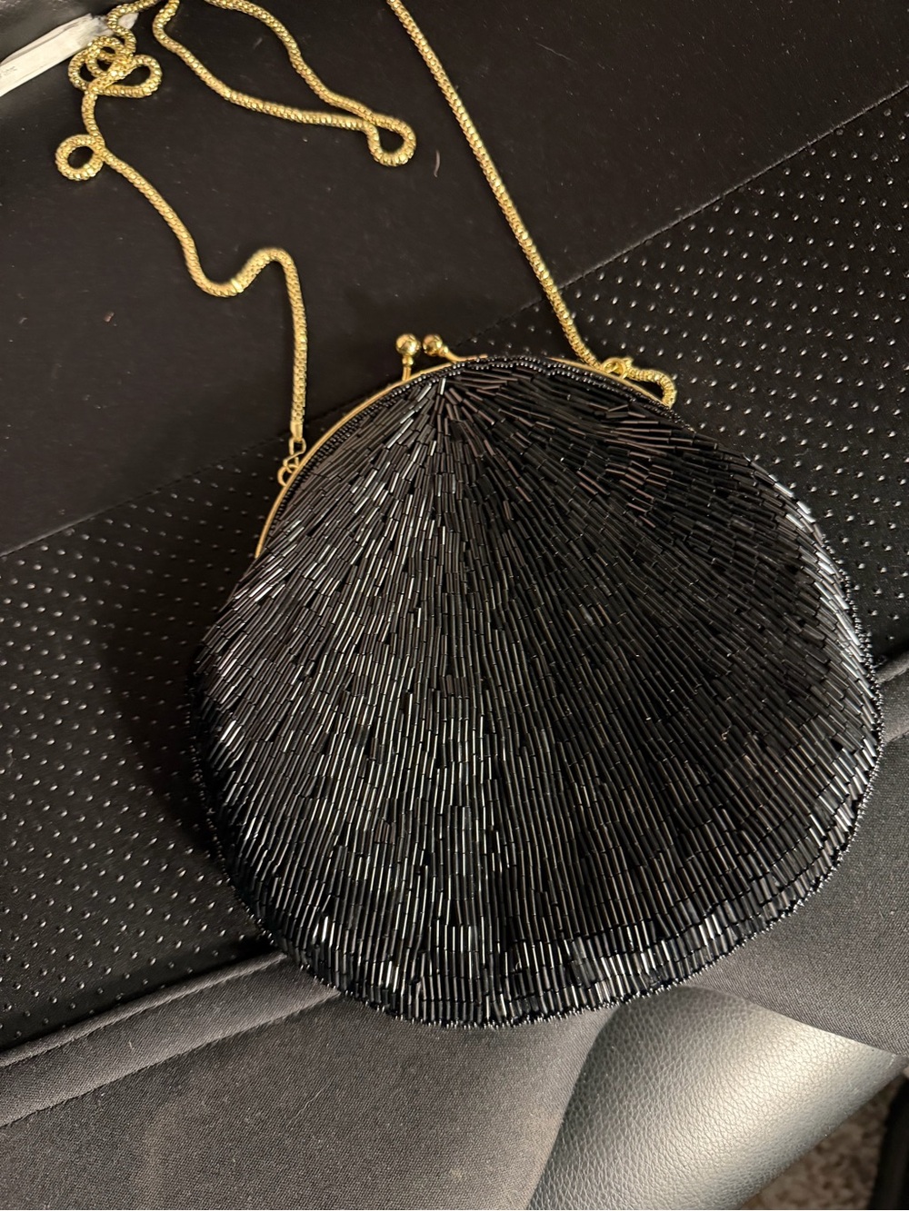 Black Beaded Evening Crossbody Bag with Gold Chain